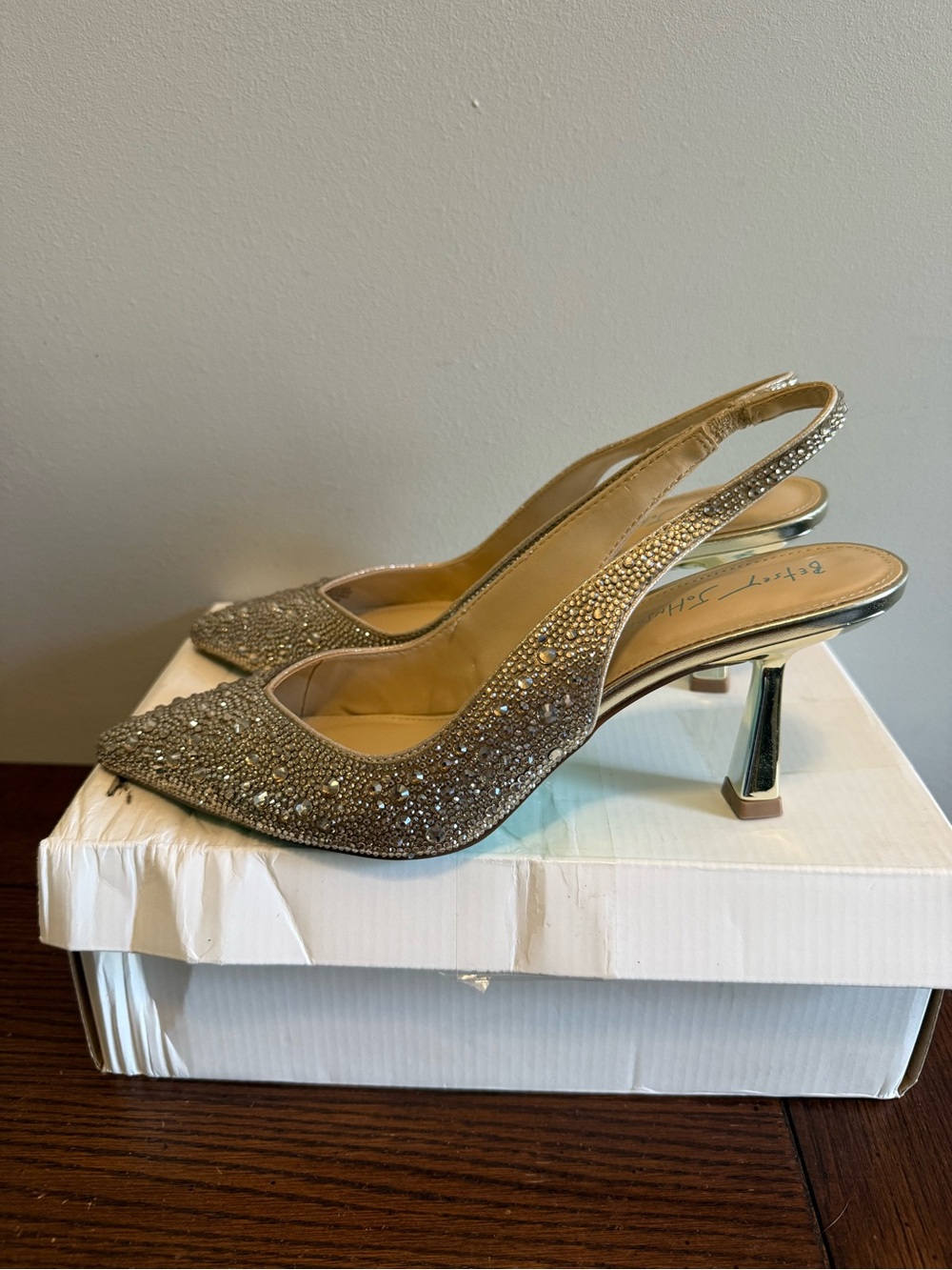 Betsey Johnson Maya Embellished Slingback Pointed-Toe Heels Metallic gold heel